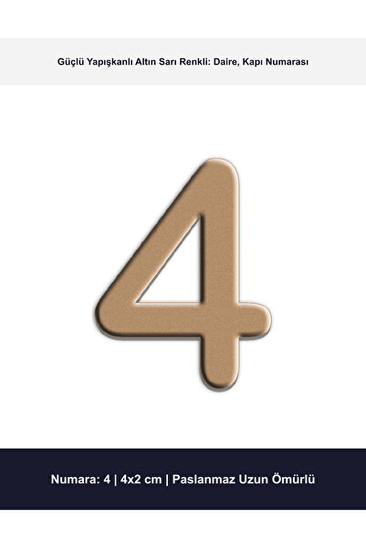 Demiraslan Ticaret 4x2 cm Altın Sarı Renk Metal Kapı Numarası No 4 - Yapışkan...