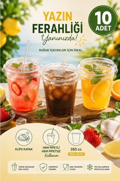 Kitchen Beauty 10 Adet 350 cc Kapaklı Sert Plastik Bardak Pet Bardak Limonata...