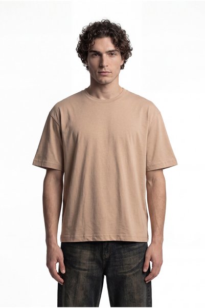 Machinist Men's Basic Cotton Crop Oversize T-Shirt Beige