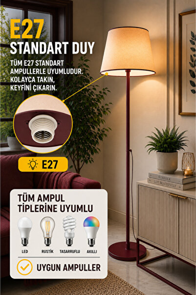 Luna Lighting Lucca Model Vişne Metal Ayaklı Bohem Lambader Kumaş Başlıklı Salon Yatak Odası Köşe Aydınlatma