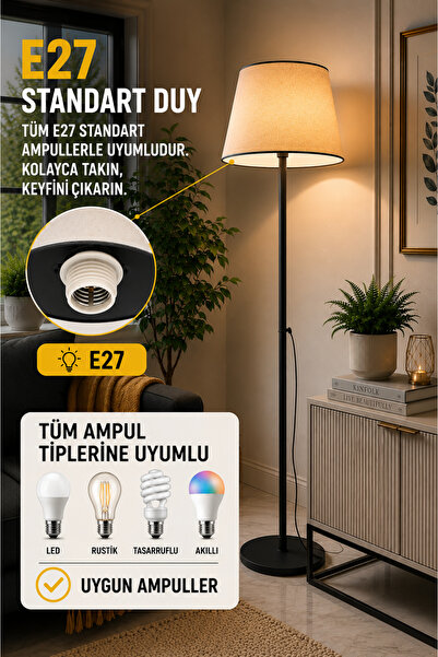 Luna Lighting Lucca Model Siyah Metal Ayaklı Bohem Lambader 145 cm Kumaş Başlıklı Salon Yatak Odası Köşe Aydınlatma