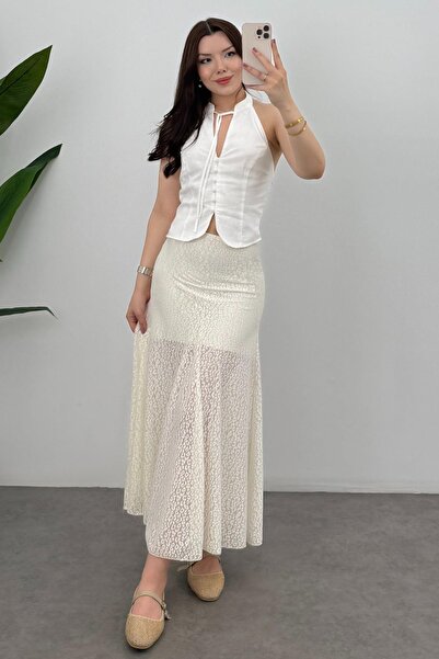 Bipantolon Women's A-Line Half Lining Detailed Lace Maxi Skirt