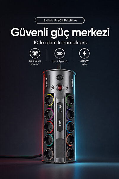 S-LINK PRZ01 Akım Korumalı Priz 10'lu 3M 1860 Joule 1.5mm 1 Usb 1 TypeC 2.1A/...