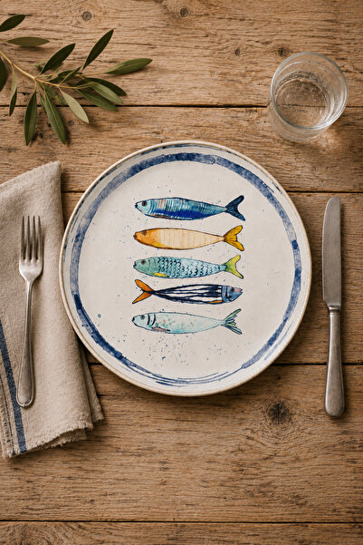 Wallnest Farfurie decorativa ceramica, albastru, model pesti, sardine