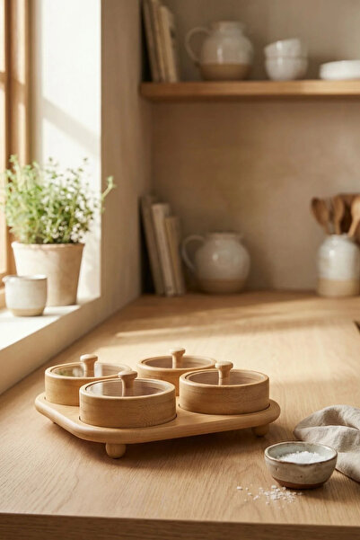 Tutku Home Bambu Tepsili 4'lü Yuvarlak Çerezlik, Kahvaltılık, Sunumluk (22*22...