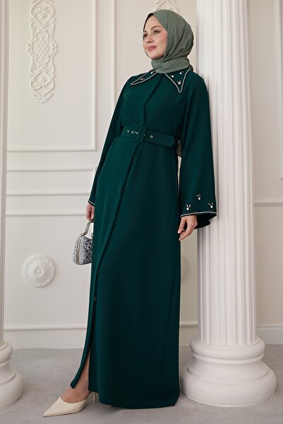 InStyle Üçgen Yaka Taşlı Petrol Yeşili Abaya