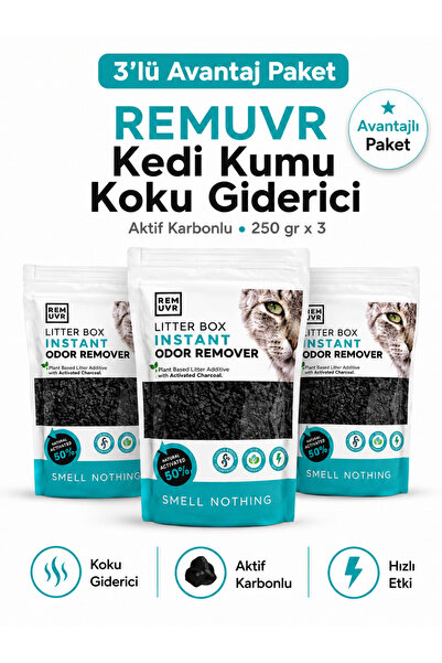 REMUVR Kedi Kumu Koku Giderici Premium 250 gr x 3 Adet Tasarruf Paketi Aktif Karbonlu Kedi Kumu Koku Önleyici ve Koku Giderici