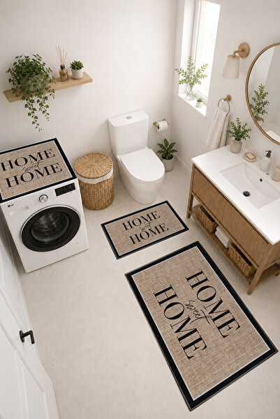 Modern 3 Parça Banyo Paspas Seti Kaymaz Tabanlı Makinede Yıkanabilir Banyo Halısı Takımı ve Çamaşır Makinesi Matı
