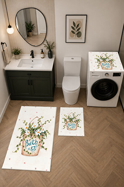Modern 3 Parça Banyo Paspas Seti Kaymaz Tabanlı Makinede Yıkanabilir Banyo Halısı Takımı ve Çamaşır Makinesi Matı