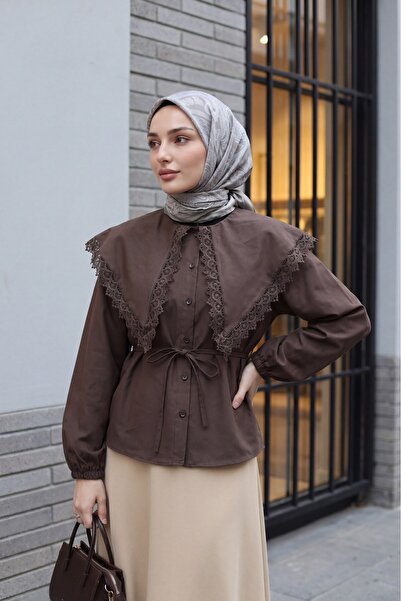 Modamorfo Lace Detailed Wide Collar Lace-Up Elastic Sleeve Poplin Shirt - Dar...