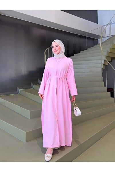 TrendParis Yırtmaç Detaylı Tensel Kumaş Uzun Tunik Açık Pembe