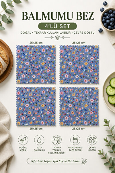 4’lü Balmumu Gıda Saklama Bezi 25x25 cm – %100 Pamuk, Yıkanabilir ve Tekrar Kullanılabilir