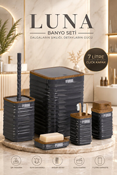Okyanus Home Set de baie Luna Antracit Lemn cu model Pătrat 5-Plus 7 LT