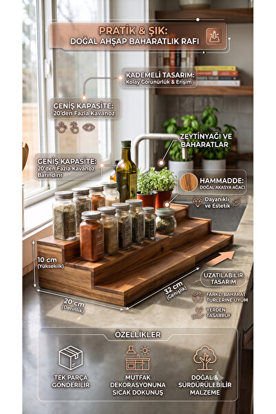 The Mia Natura Acacia Extendable Spice Rack with 3 Compartments 32X20 cm