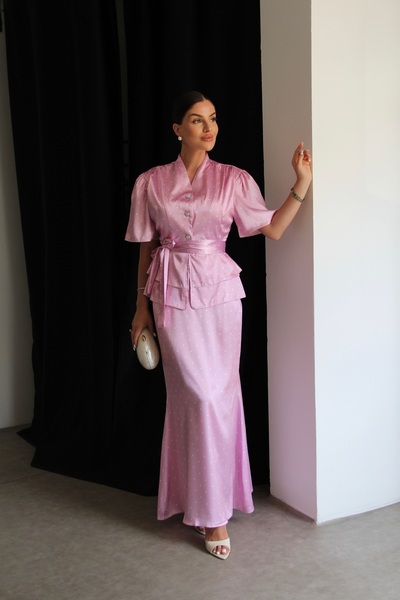 Julidress Set premium din satin cu buline, cu jachetă cu curea și fustă lungă...
