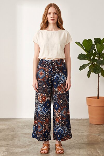 hadiora Women's Black Orange Abstract Patterned Atlas Wide Leg Pants