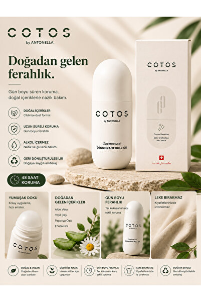 COTOS Mineral Salt Doğal Roll-On Deodorant – Alüminyum ve Paraben İçermez Lek...