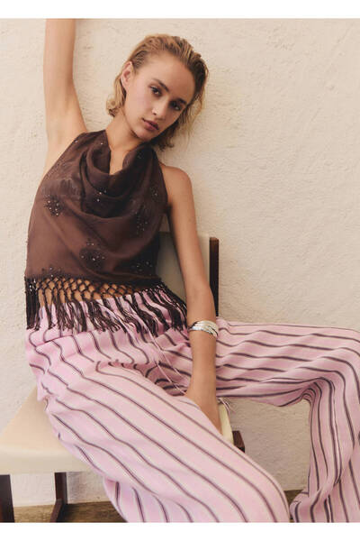 MANGO Woman Striped Ramie Pants