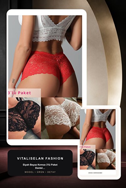 Vitaliselanfashion Kadın Siyah Beyaz Kırmızı 3'lü Paket Dantel Tanga Şort Külot