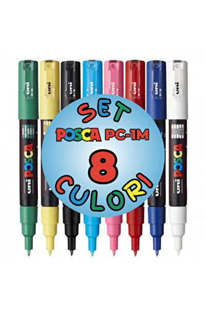 POSCA Marker UNI PC-1M, varf rotund, 0.7mm, set 8 culori