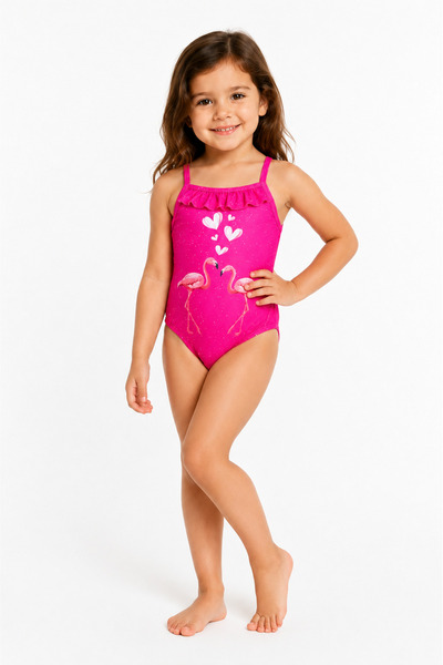 caddekids Kız Çocuk Mayo Flamingo Desenli Fırfırlı Tek Parça Mayo Pembe Deniz...