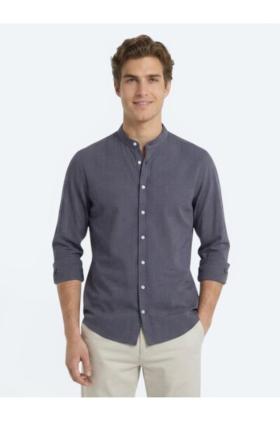 Kip Antrasit Çizgili Regular Fit Dokuma Casual Gömlek