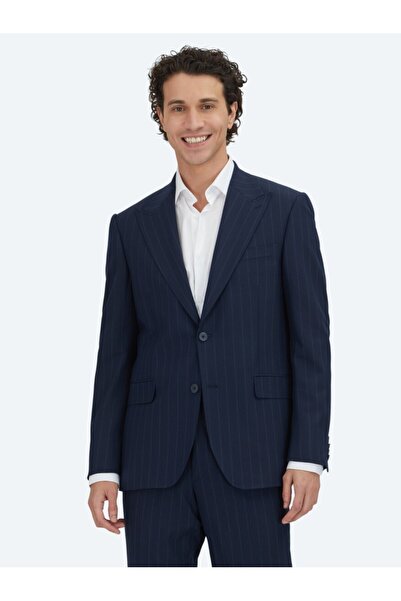 Kip Navy Blue Striped Modern Fit Wool Blend Suit