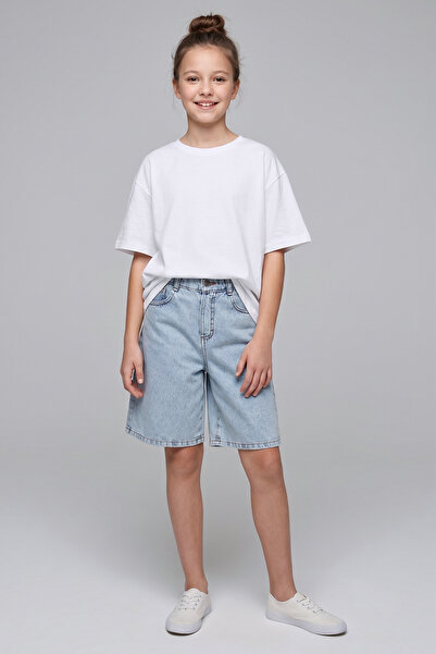 DMB BOYS & GIRLS Yüksek Bel Denim Bermuda Kot Rahat Kalıp Cepli Kız Çocuk Şort