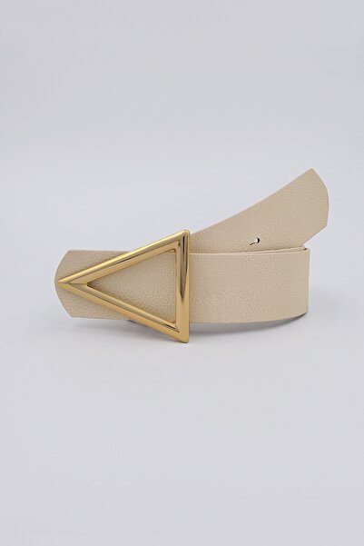 Milleniva Triangle Gold Buckle Ecru Thick Women's Belt 4.5 cm