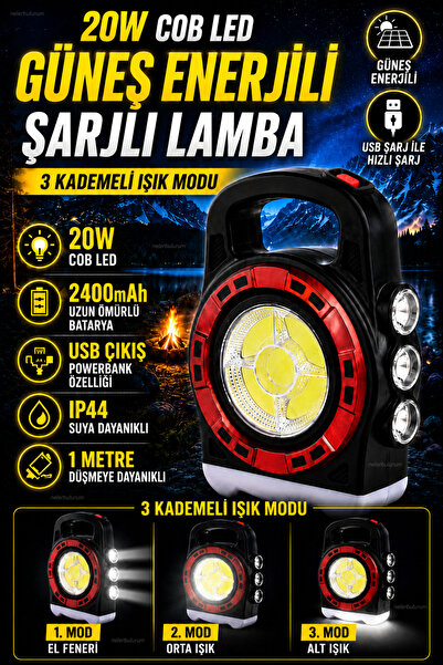 nelerbulurum GÜÇLÜ IŞIKLI ŞARJ EDİLEBİLİR VE SOLARLI COB LEDLİ 20 WATT 3 KADE...