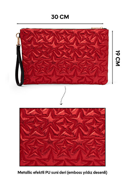 Ecrou Yıldız Desenli Kırmızı Parlak Portföy & Clutch Çanta Çıkarılabilir Bileklik Askılı 30 x 19 cm