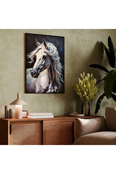 MallDeco Tablou Canvas Cal Alb, Pictat Manual, cu Ramă PS