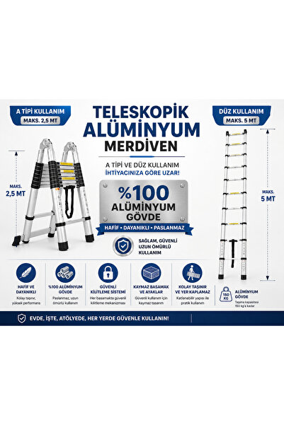 ADR 8+8 Basamaklı 2,5Mt + 2,5mt 5Mt Uzayan Çift Yönlü Teleskopik Alüminyum Me...