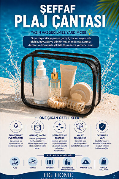 HİG HOME Siyah Su Geçirmez Şeffaf Plaj Çantası – Tatil İçin Organizer