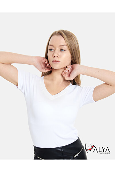 ALYA UNDERWEAR V-Neck Camisole Fabric Short Sleeve Blouse, T-Shirt Stretchy a...