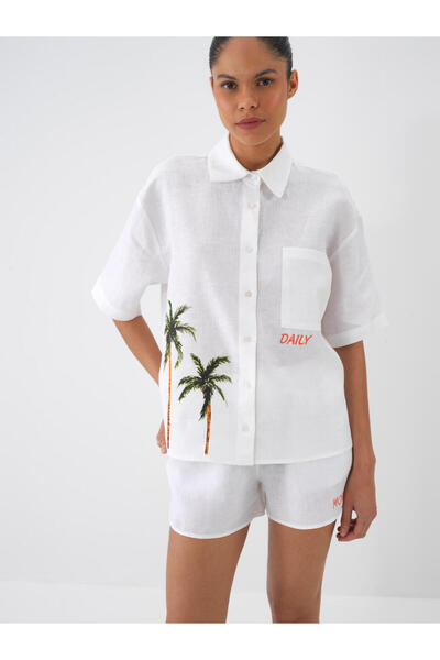 Xint Kadın Beyaz %100 Keten Oversize Gömlek