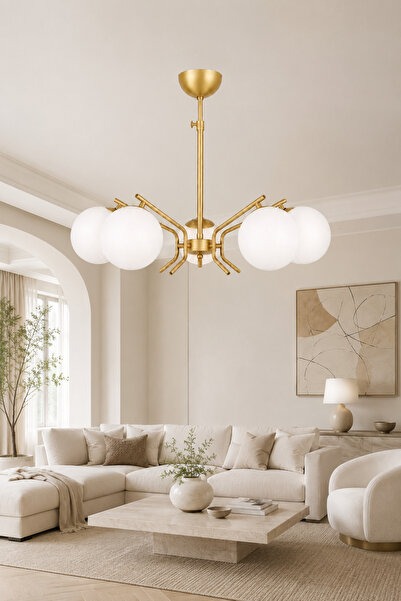 ESSLİGHT Tutku 5’li Eskitme Beyaz Camlı Modern Salon Mutfak Yatak Odası Avizesi