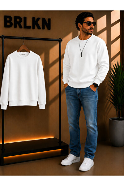 BRLKN Ecru Crew Neck Oversize Raster Basic Men's Sweatshirt Tr4477
