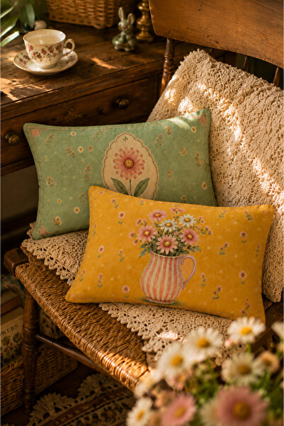 SasoHome Vintage Retro Çiçek Desenli 2'li Dekoratif Kırlent Kılıfı Seti 30x50...
