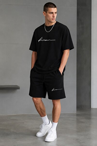 ZAVIXO Men's Black Oversize Shorts Set Printed Modern Look Casual Style