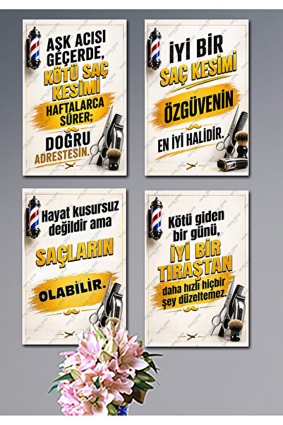 HAYAL ODASI STORE WoodArt Berber Kuaför Salonu Dekoratif 4'lü MDF Tablo Seti ...