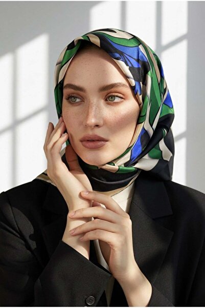 Vissona % 57 İPEK % 43 VİSKON Twill İpek Geometrik Desenli Saks - Zümrüt Yeşi...