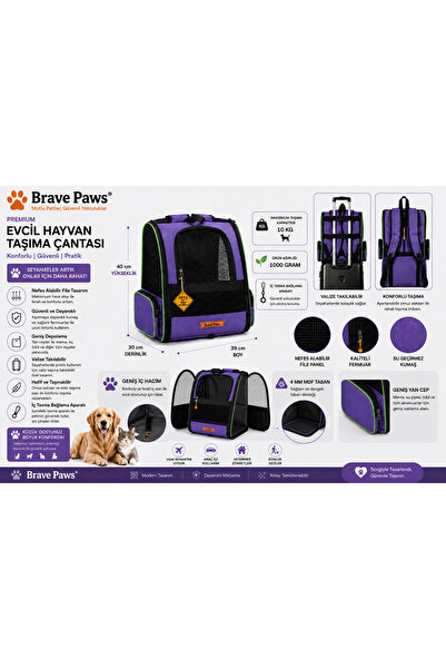 BRAVE PAWS Yıkanabilir Kedi Ve Köpek Çantası Plastik Fileli Piramit Kedi Sırt Cantası Model Mor