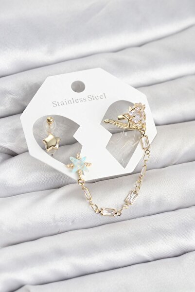 Inure Jewelry طقم أقراط من النحاس الأصفر اللون من ماركة Yıldız Model مع سلسلة...