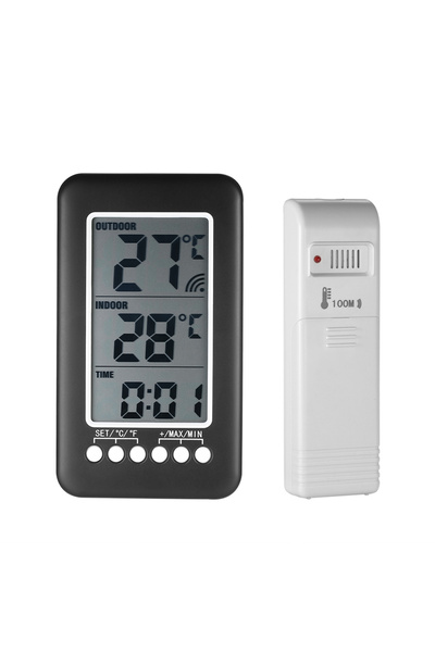 Choice Black Digital Thermometer With Clock Function Outdoor Indoor LCD Wirel...