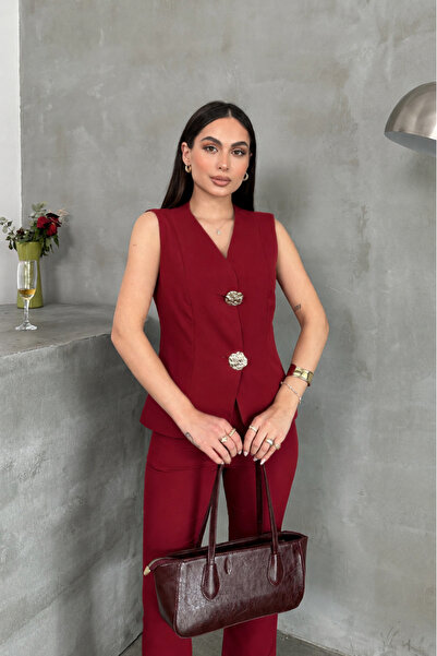 msm fashion Damen-Set mit Oberteil und Hose, rote Weste mit Knopfdetails, zwe...