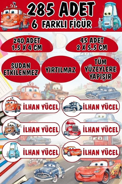 KT Decor Okul Etiketi Kalem Defter Etiketi Cars Arabalar Özel Isimli Etiket 6...