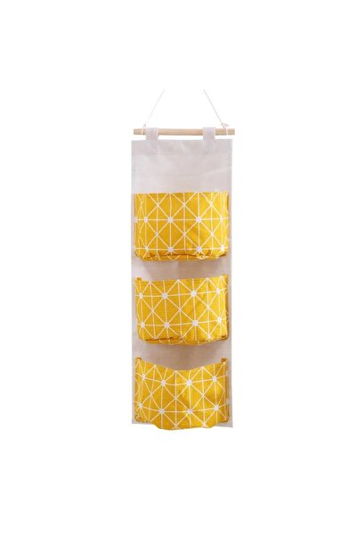 Choice Yellow Cotton Linen Pattern Hanging Storage Bag 3 Pockets Wall Mounted...