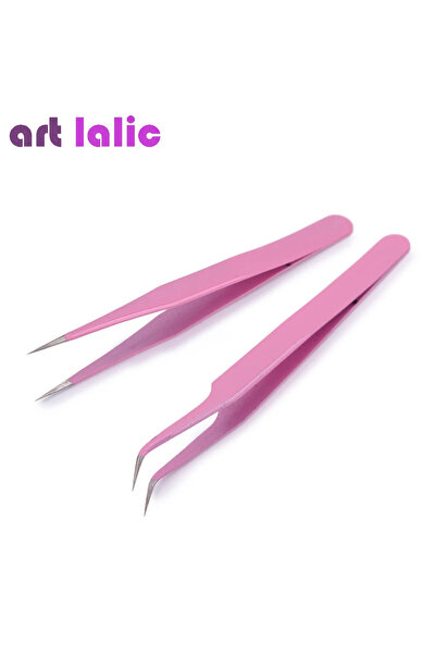 Choice 2pcs Pink Stainless Steel Tweezers Straight Curved Pick Up Tools Eyela...