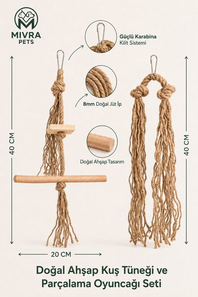 Mivra Pets Bird Toy Set of 2 Natural Jute and Wood Parrot Perch and Chewing Toy